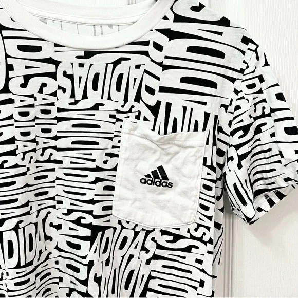 Adidas All Over Logo Print Short Sleeve Graphic T Shirt Boys Size L - Picture 6 of 7